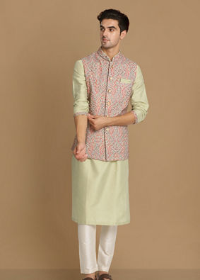 alt message - Manyavar Men Multicolored Jacket With Lime Green Kurta Set image number 1